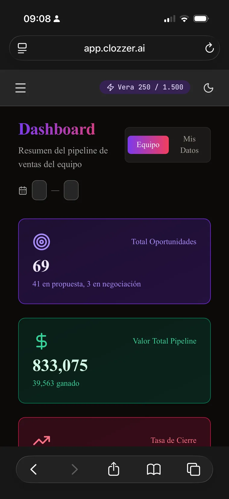 The same Clozzer dashboard on a phone — pipeline KPIs and the Vera message counter