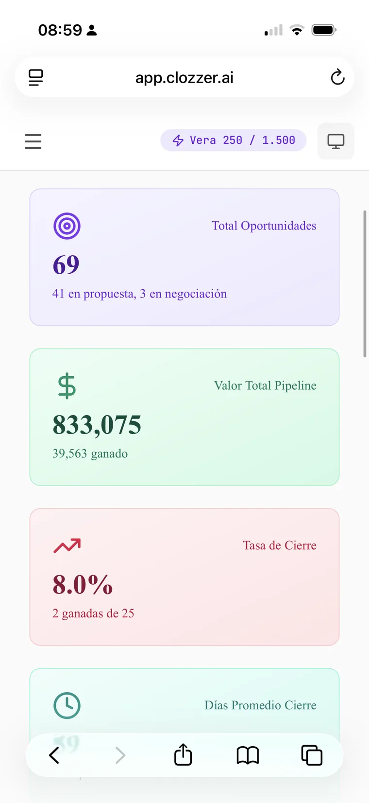The same Clozzer dashboard on a phone — pipeline KPIs and the Vera message counter